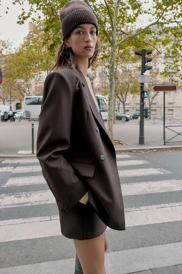 Zara DOUBLE BREASTED BLAZER WITH SHOULDER PADS - Brown