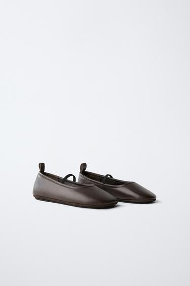 Zara LEATHER BALLET FLATS - Brown
