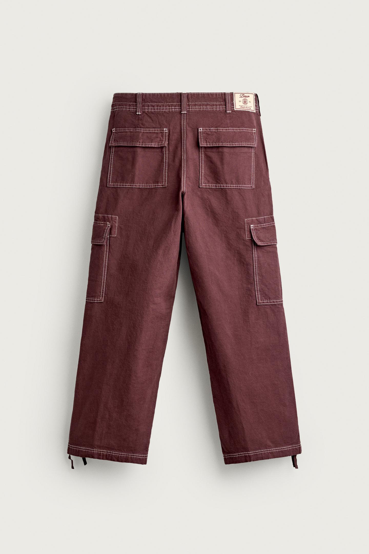 Мужские брюки Zara Relaxed-Fit Cargo Pants with Contrast Stitching, цвет: Бордовый — фото 7
