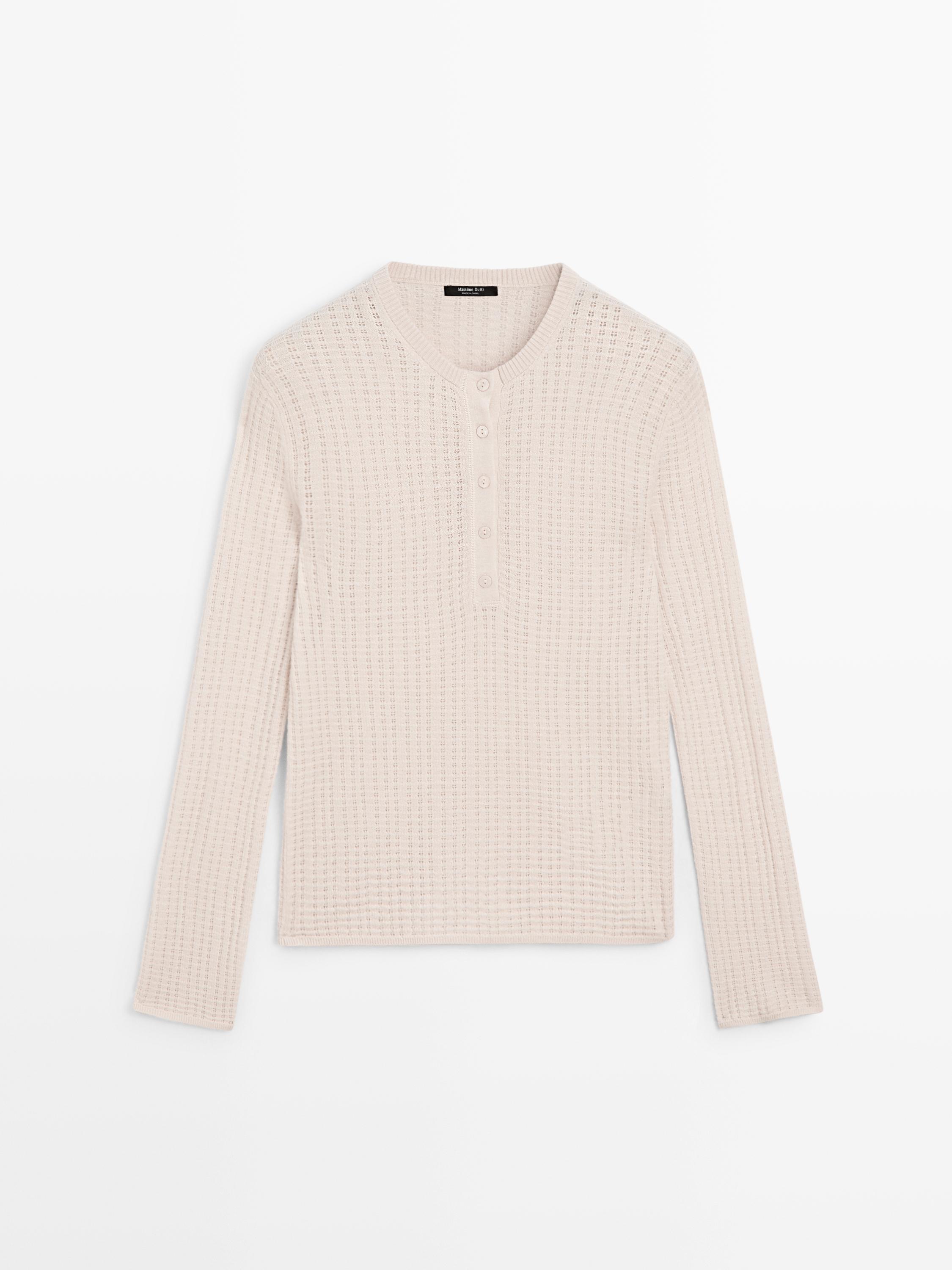 Cutwork wool blend henley sweater