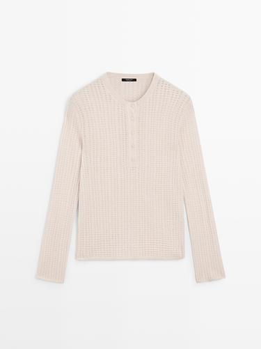 Zara Cutwork wool blend henley sweater - Ecru