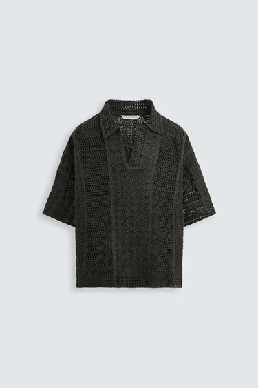 Zara CROCHET TEXTURED POLO SHIRT - Gray green
