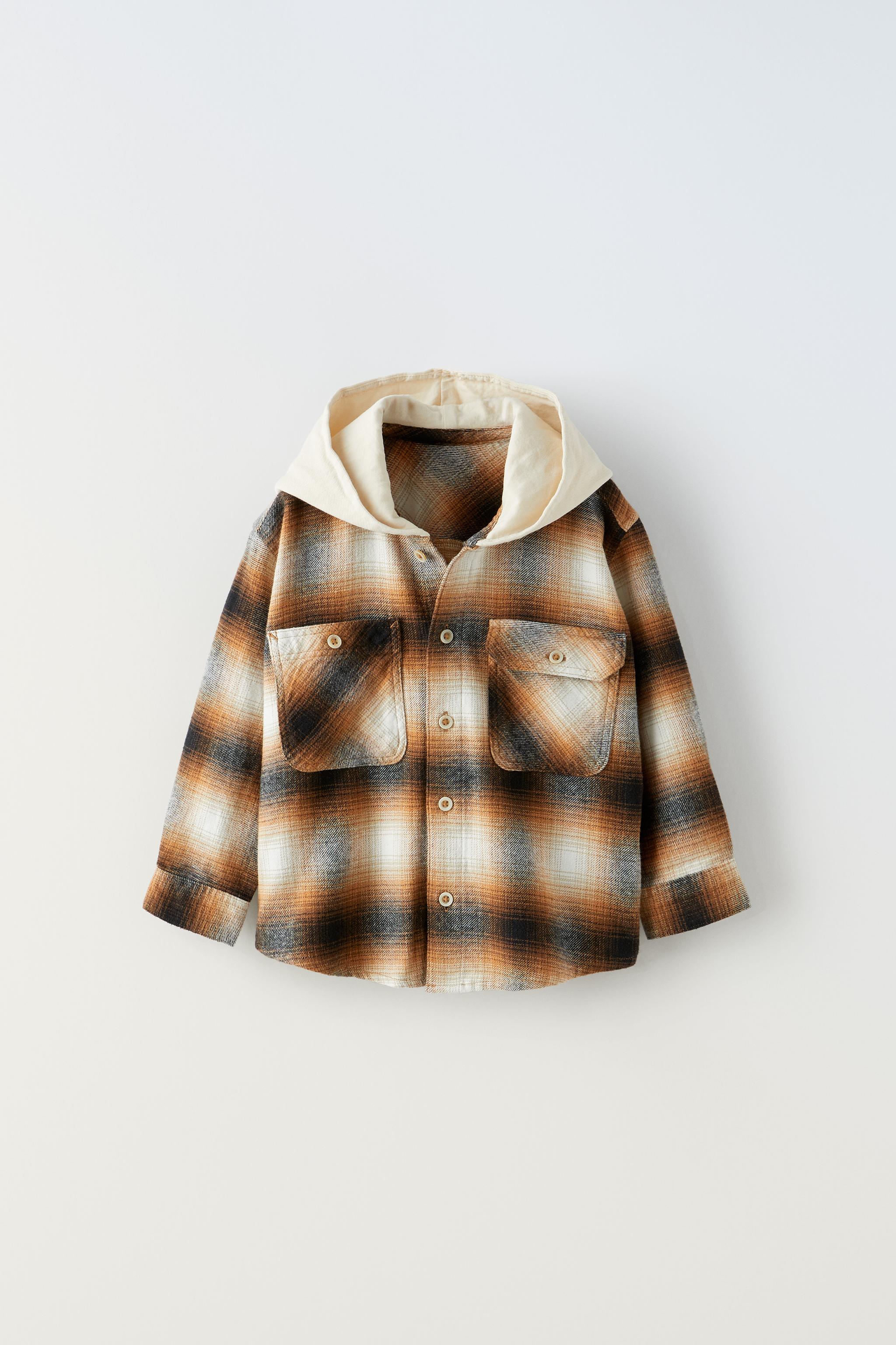 HOODED PLAID OVERSHIRT Ecru Brown ZARA United States