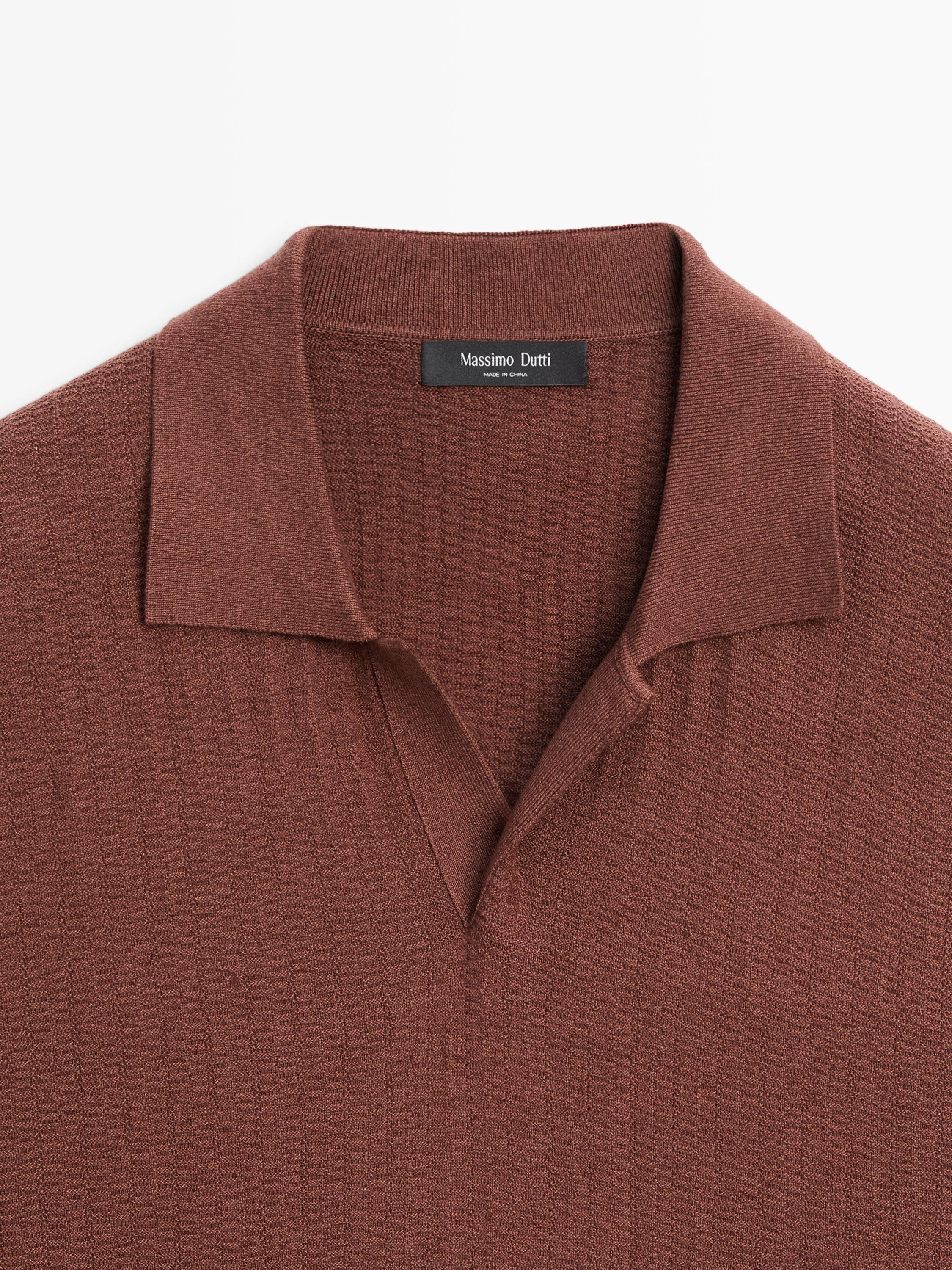 Short sleeve cotton and linen blend knit polo shirt
