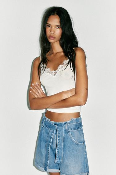 Zara RIB TANK TOP WITH LACE - Oyster-white