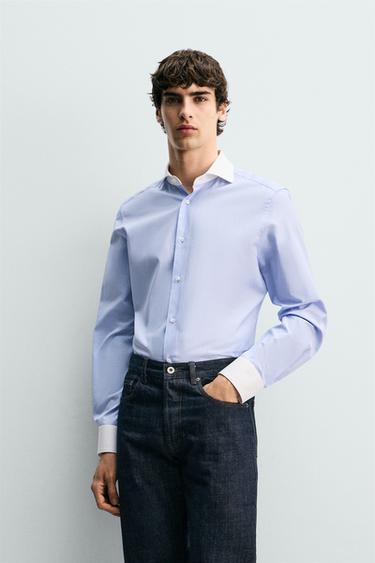CAMISA REGULAR FIT CUADROS CONTRASTE - Celeste de Zara