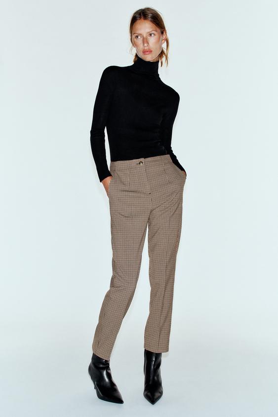 Zara HIGH-WAISTED ANKLE-LENGTH PANTS - Brown / Ecru - Image 0