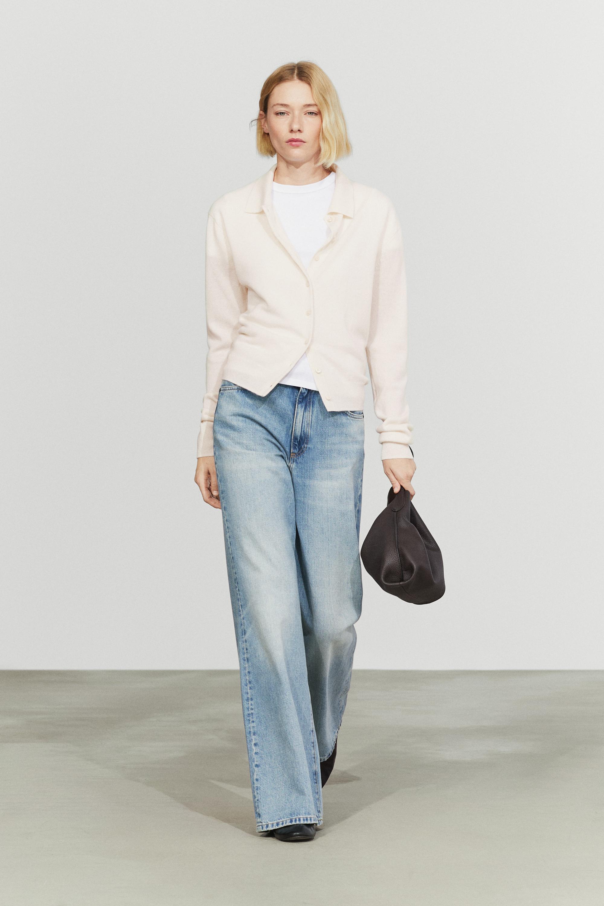 100% cashmere knit polo collar cardigan — Ecru