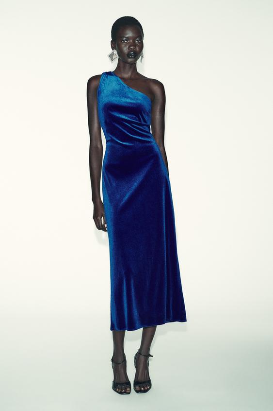 ASYMMETRIC VELVET MIDI DRESS