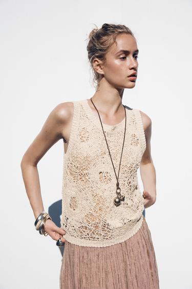 Zara SLEEVELESS CROCHET TOP - Dark straw