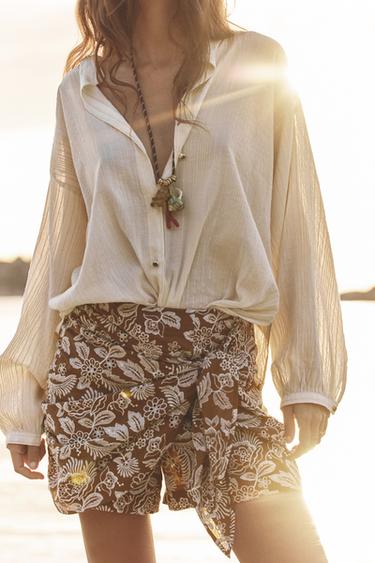 FALDA PANTALÓN NUDO BORDADOS - Marrón / Crudo de Zara