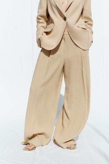 PANTALON LARGE À PINCES AVEC LIN - Marron clair de Zara - Image 1
