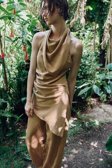 LINEN BLEND ASYMMETRIC HALTER TOP - Sand by Zara