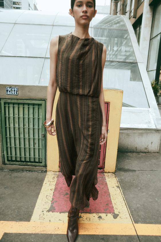 VESTIDO MIDI RAYAS ASIMÉTRICO - Khaki de Zara - Imagen 0