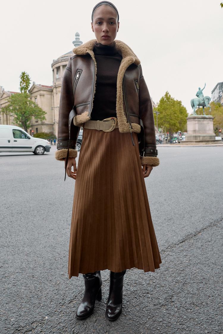 PLEATED FAUX SUEDE MIDI SKIRT WITH BELT Light brown ZARA India
