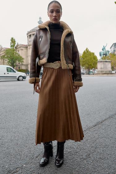Zara SUEDE EFFECT PLEATED MIDI SKIRT WITH BELT - Light brown