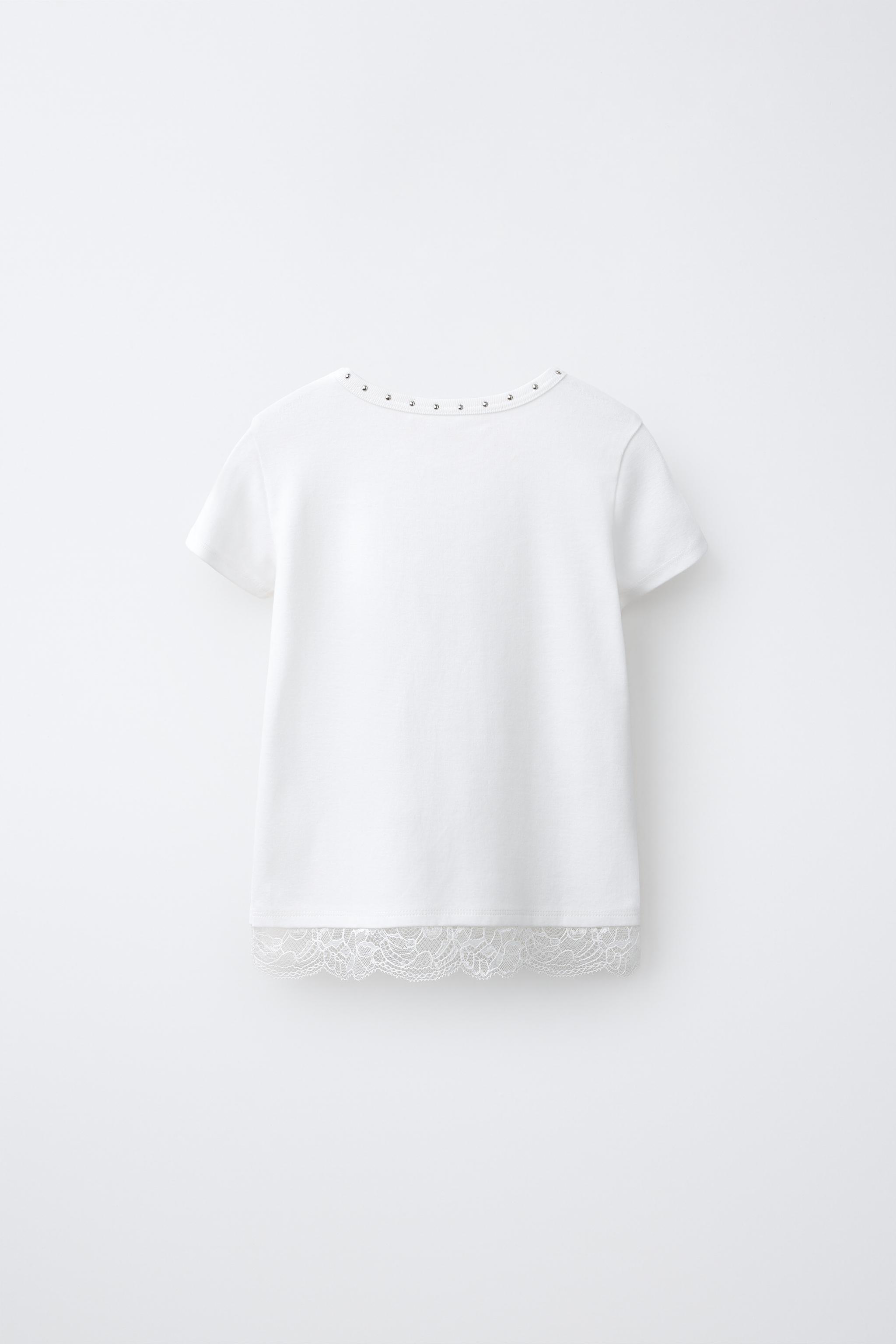 STUDDED LACE HEM T-SHIRT — White