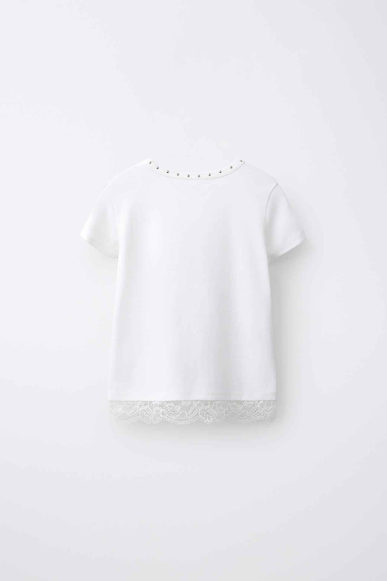 STUDDED LACE HEM T-SHIRT — White