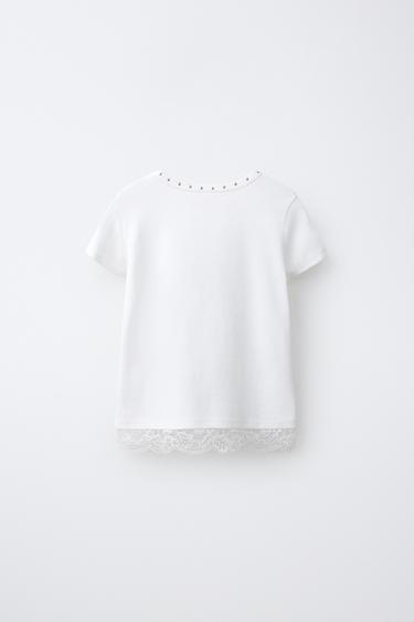STUDDED LACE HEM T-SHIRT — White 2