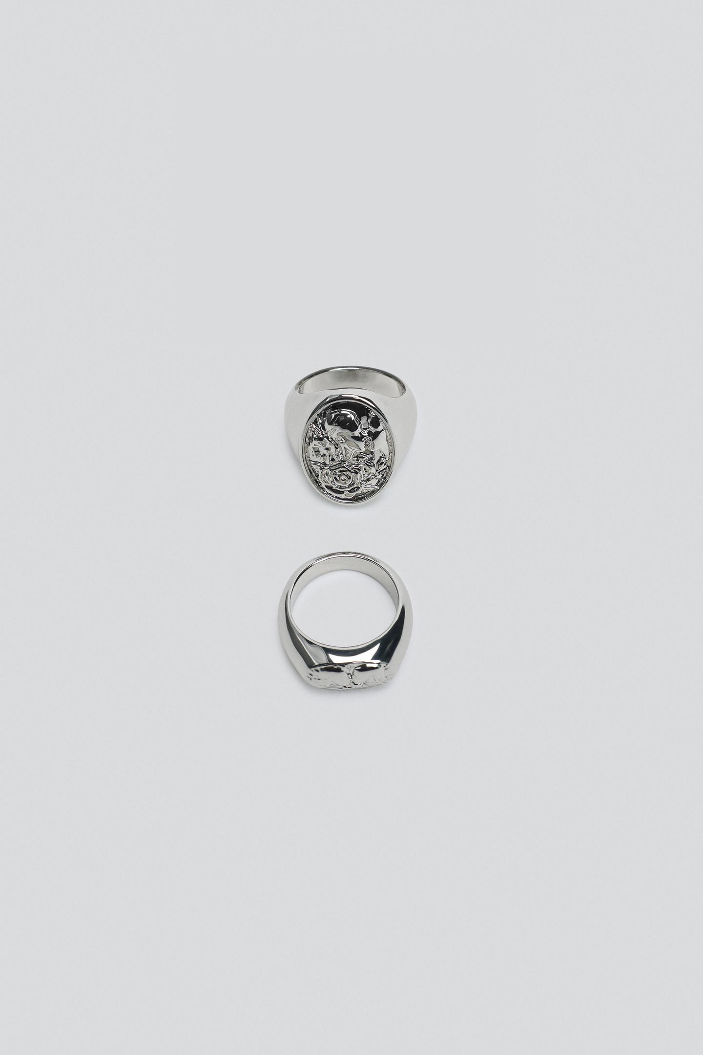 Женские кольца Zara 2-PACK Metallic Signet, цвет: Серебряный — фото 1