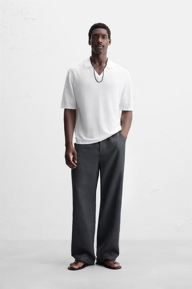 Zara 100% HEMP KNIT POLO SHIRT - White - Image 0