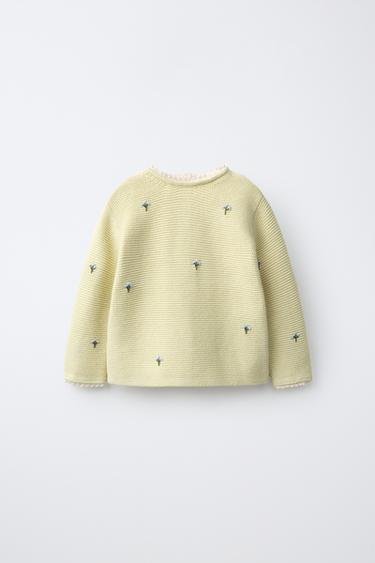 Zara FLORAL EMBROIDERY LACE KNIT JUMPER - Light green