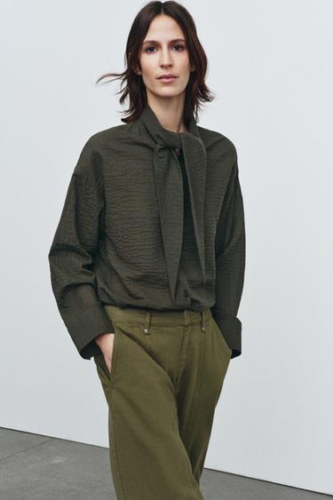 ZW COLLECTION CHECK SHIRT WITH SCARF - Khaki by Zara