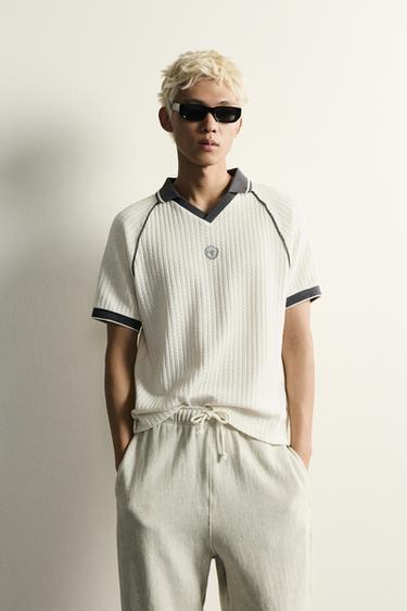 Zara 復古足球風提花撞色 POLO 衫 - 淺米色