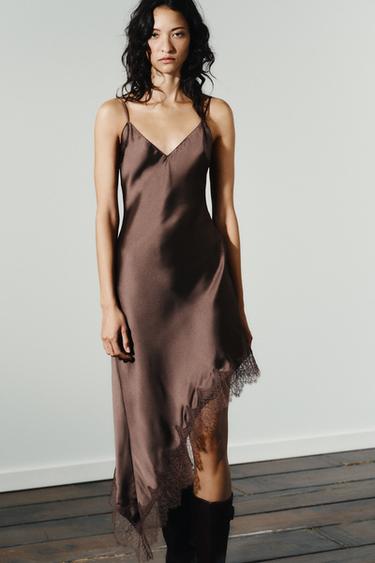 SATIN LACE DRESS - Chocolate by Zara - Image 1