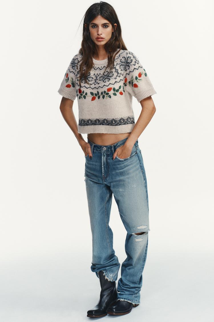 SHORT SLEEVE EMBROIDERED JACQUARD KNIT JUMPER Black Sand