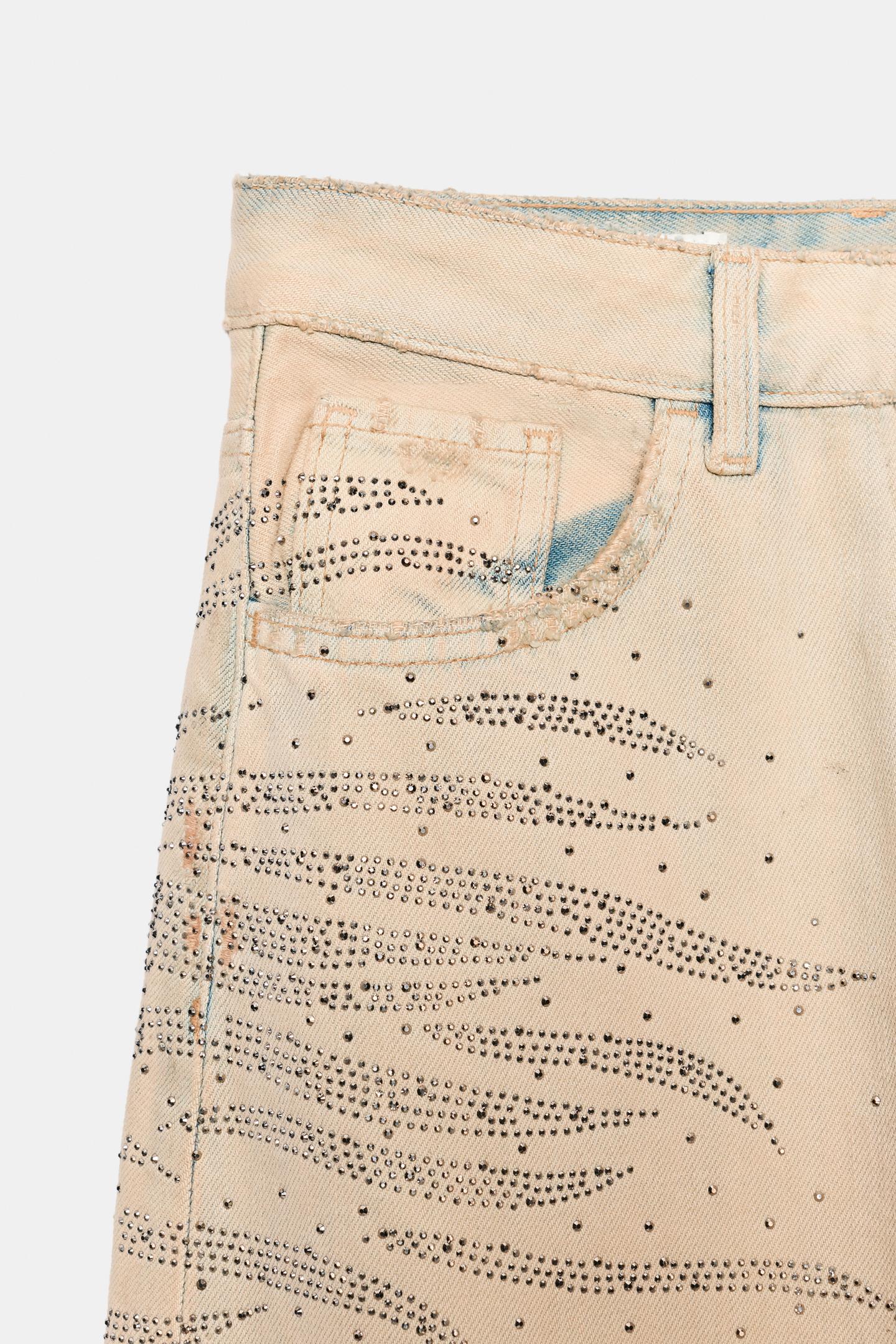 Женские джинсы Zara Mid-Rise Baggy Fit Rhinestone, цвет: Светлый хаки — фото 3