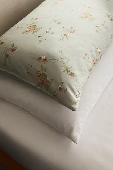 FLORAL BRANCH SATEEN PILLOWCASE (300 THREAD COUNT) - Blue / Green by Zara - Image 5