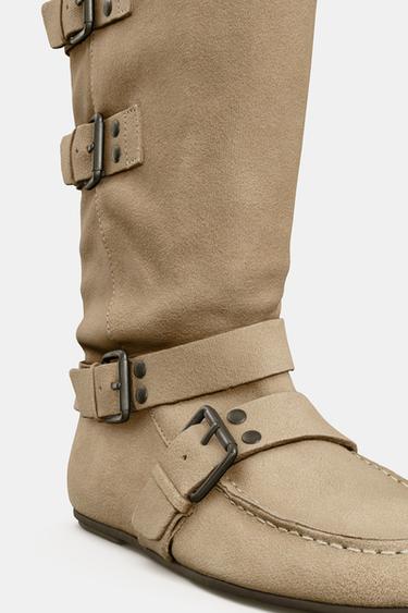 Zara BUCKLED SPLIT LEATHER BOOTS - Sandy Brown - Image 0