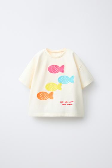 T-SHIRT MET GEBORDUURDE HAAKWERK VISSEN - Gebroken wit van Zara - Afbeelding 0