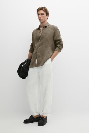 Chemise à rayures regular fit 100 % lin - Vert foncé de Zara - Image 0