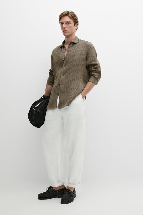 Chemise à rayures regular fit 100 % lin - Vert foncé de Zara - Image 0