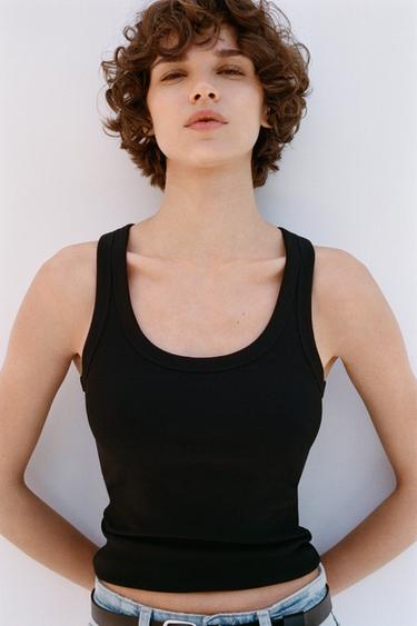 Zara STRAPPY RIB TOP - Black
