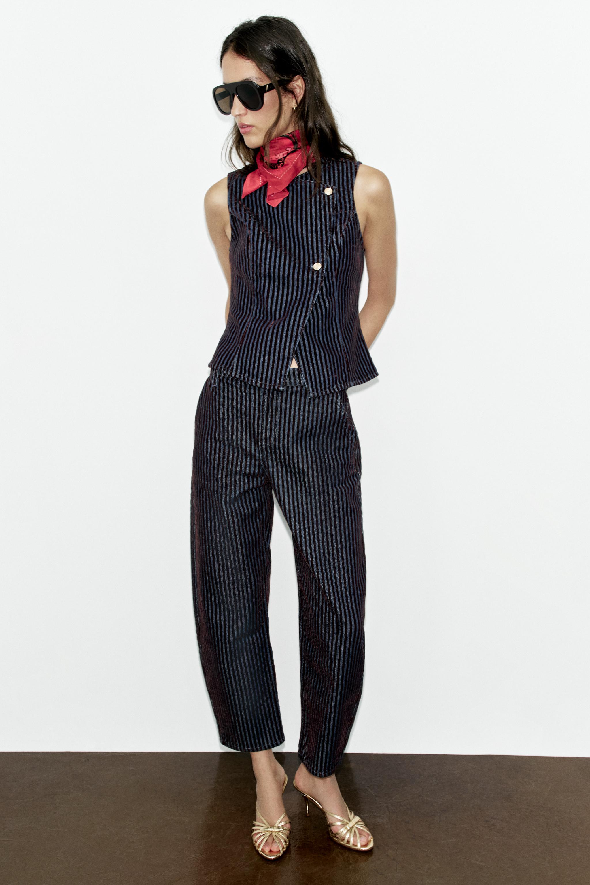 Женские джинсы Zara Z1975 HIGH-RISE VELVET STRIPE BARREL JEANS