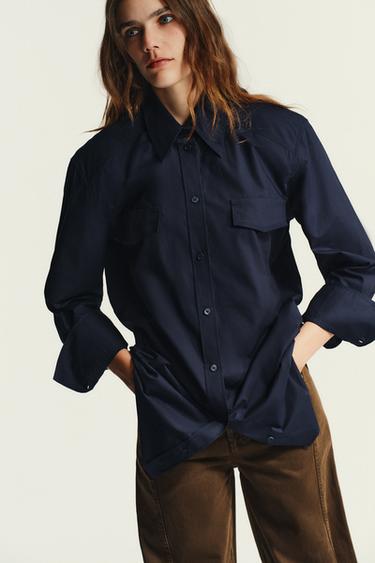 CHEMISE EN POPELINE AVEC ÉPAULETTES - Bleu marine de Zara - Image 3