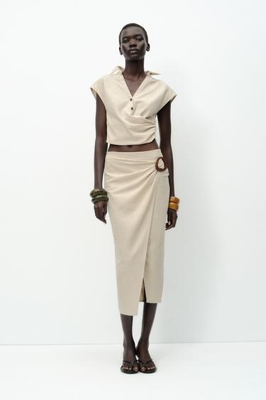PLEATED LINEN TOP - Light beige by Zara - Image 0