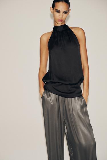 SATIN HALTER TOP - Black by Zara