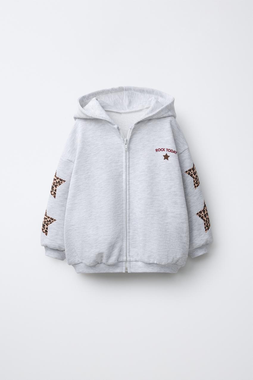 Sweat-shirt Zara à Capuche Zippé - Imprimé Tigre Et Chaînes, Gris, Taille XL 44, 100% Coton