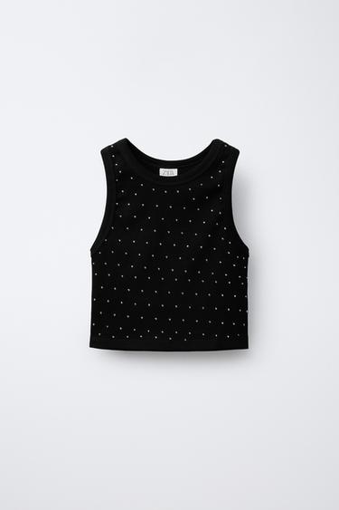 Zara STUDDED RIB T-SHIRT - Black