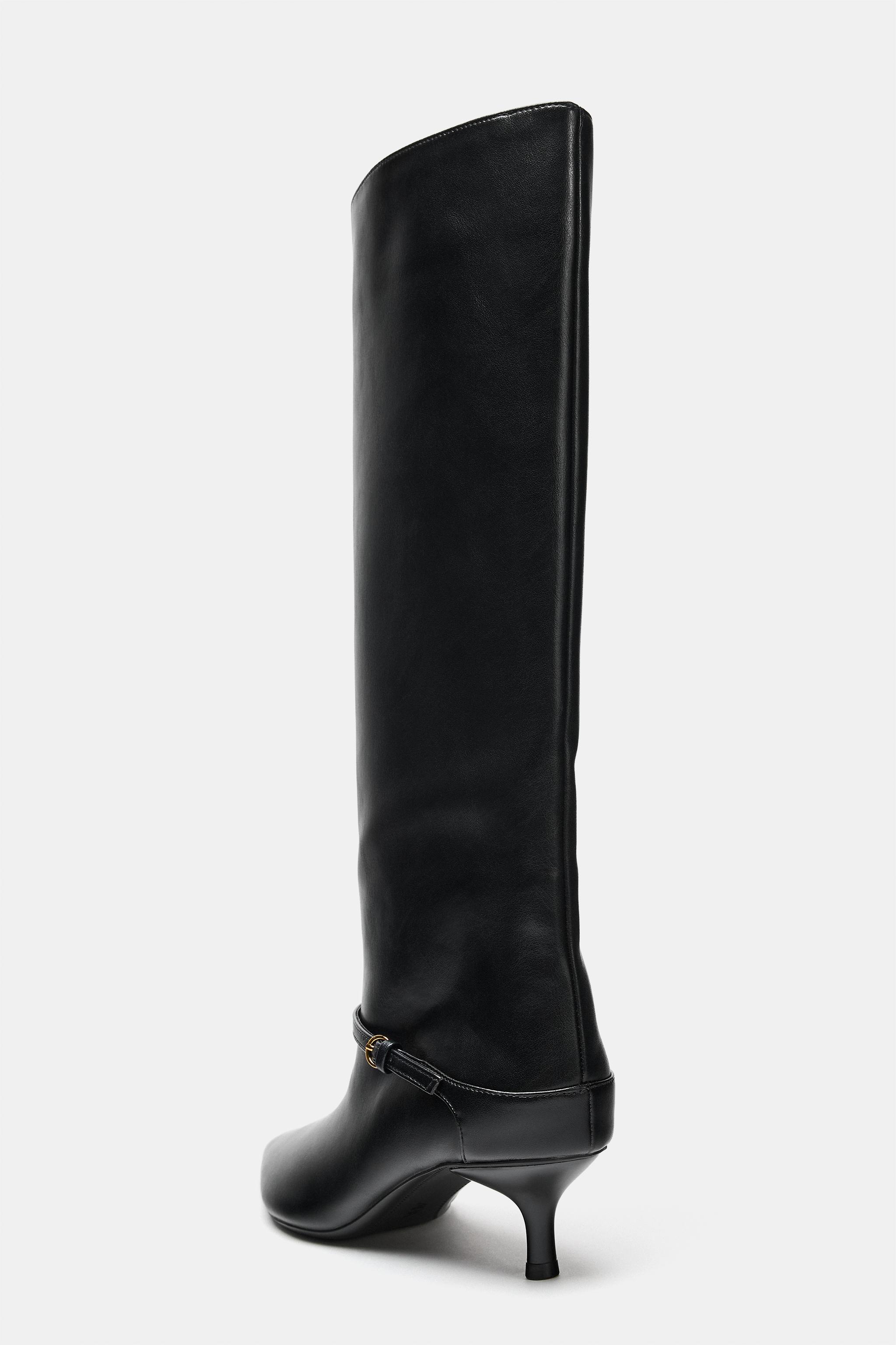 BUCKLED KITTEN HEEL TALL BOOTS