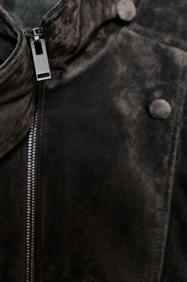 100% SUEDE LEATHER BIKER JACKET WITH COVERED BUTTONS - Charcoal by Zara - Image 7
