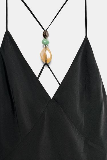 Zara BEADED STRAP MIDI DRESS - Black
