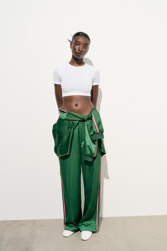 SATIN TROUSERS WITH TAPING DETAIL - Moss green