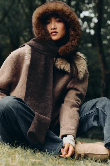 Zara 人造毛絨連帽圍巾 - 棕色