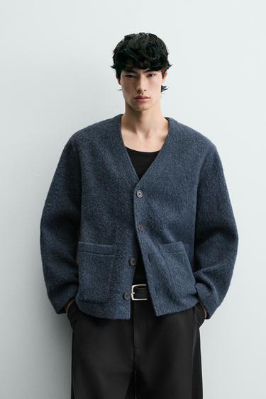 TEXTURED WOOL CARDIGAN - Mid-blue by Zara