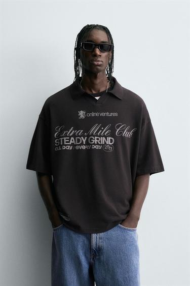 WASHED POLO SHIRT WITH SLOGAN - charcoal grey by Zara